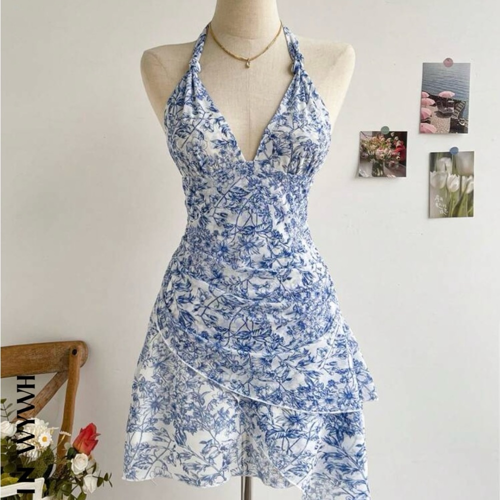SHEIN WYWH Blue & White Floral Print V-Neck Tie-Up Mesh Ruched Vacation  Dress